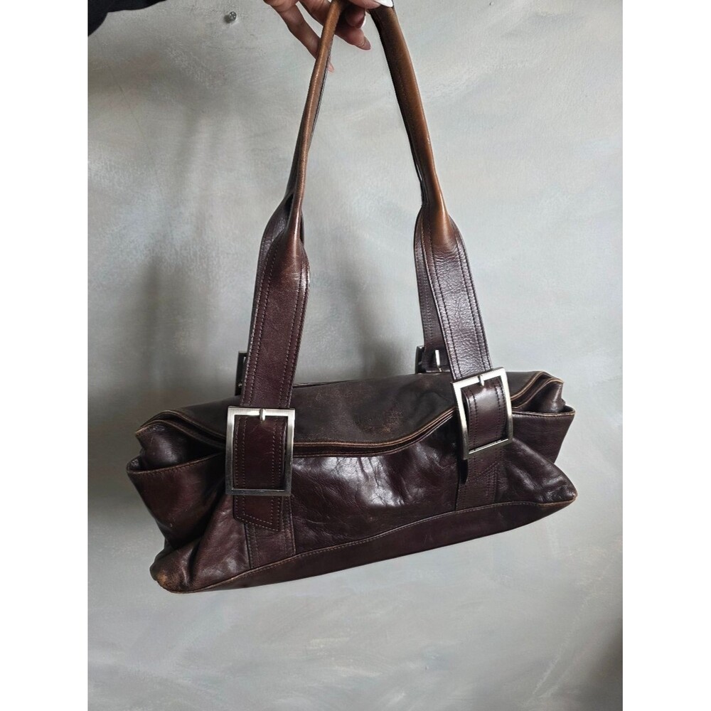 Keneth Cole Brown Leather Shoulder Bag Silver Hardware Buckles Weathered Patina - Picture 2 of 11